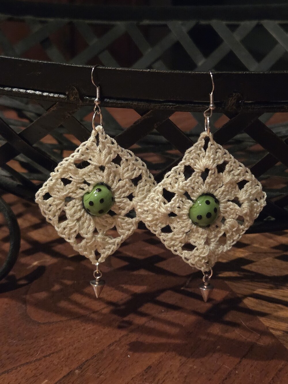 Hand Crafted Cream Crochet Earrings with Green Beads - Picture 2 of 3